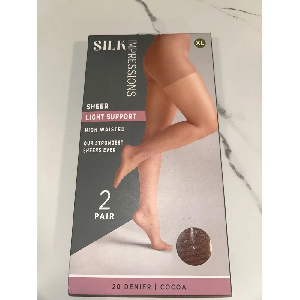 Silk Impressions Pantyhose Women XL Cocoa 2 Pair Sheer Light Support High Waist